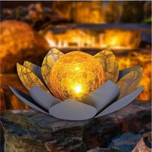 Solar Lights Outdoor Garden Decor , Amber Crackle Globe Glass Lotus Decoration
